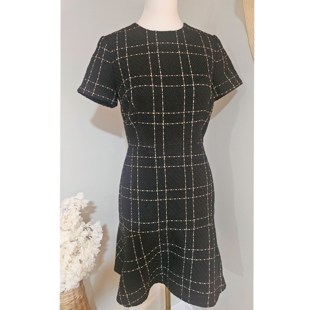 Ann Taylor Black Gold Shimmer Tweed Flare Flounce Short Sleeves Dress